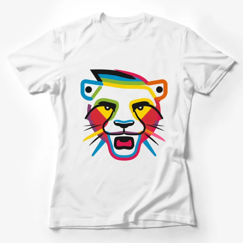 Colorful Abstract Lion Face T-Shirt, Modern Art Animal Graphic Tee, Unisex Adult Clothing Female T-Shirt