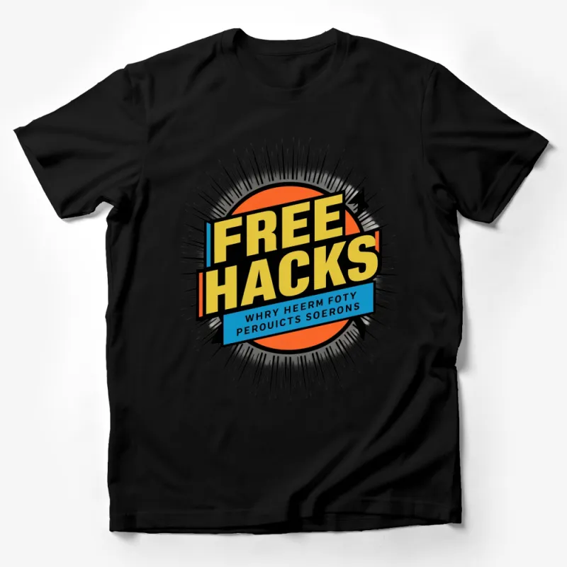 Vintage Style Free Hacks Graphic T-Shirt, Retro Sunburst Design, Bold Typography Tee, Unisex Male T-Shirt