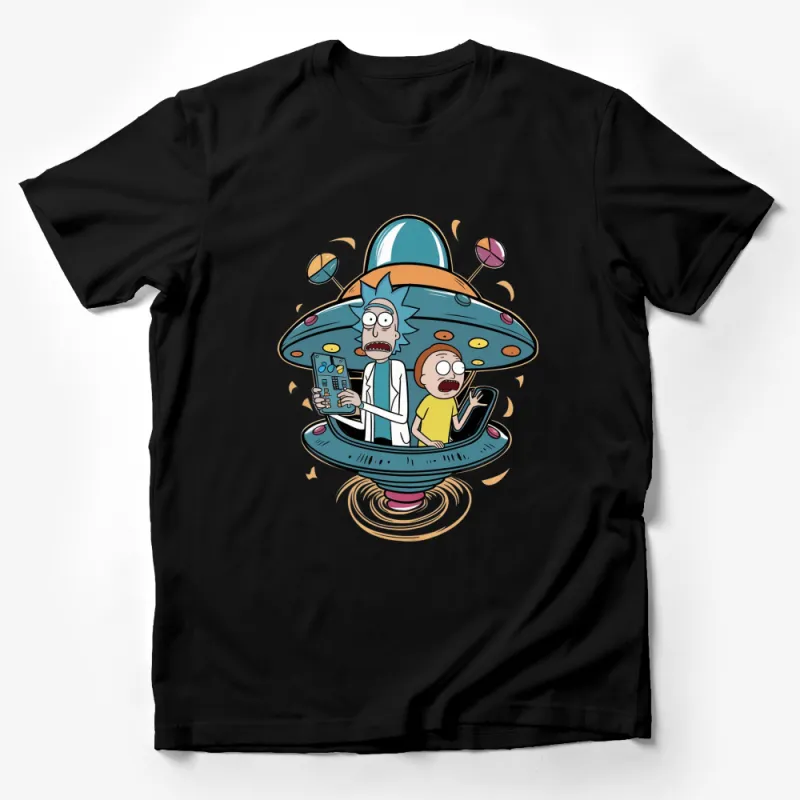 Cartoon Space Adventure Graphic Tee, Men's Colorful Alien T-Shirt, Funny Animated UFO Shirt Male T-Shirt