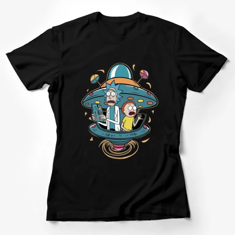 Cartoon Space Adventure Graphic Tee, Men's Colorful Alien T-Shirt, Funny Animated UFO Shirt Female T-Shirt