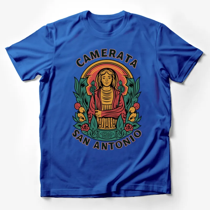 Camerata San Antonio Vintage Style T-Shirt, Retro Religious Art Graphic Tee, Vibrant Colorful Design, Unisex Male T-Shirt