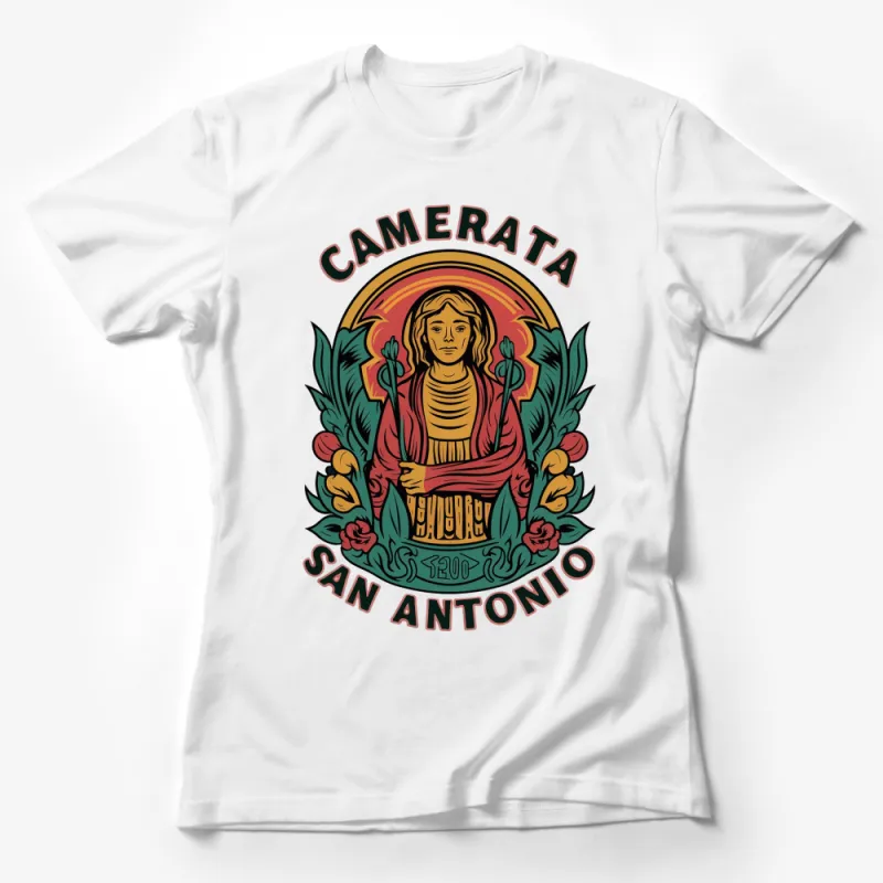 Camerata San Antonio Vintage Style T-Shirt, Retro Religious Art Graphic Tee, Vibrant Colorful Design, Unisex Female T-Shirt