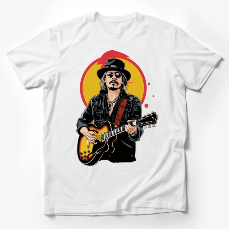 Rock Musician Graphic T-Shirt, Stylish Guitar Player Design with Vintage Hat, Bold Concert Tee Male T-Shirt