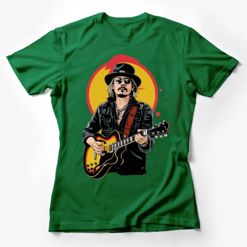 Rock Musician Graphic T-Shirt, Stylish Guitar Player Design with Vintage Hat, Bold Concert Tee Female T-Shirt