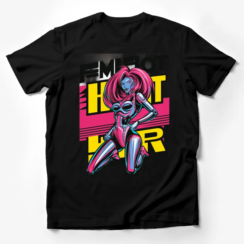 Futuristic Fembot Warrior Graphic T-Shirt, Vibrant Pink Hair Robot Design, Trendy Sci-fi Apparel Male T-Shirt