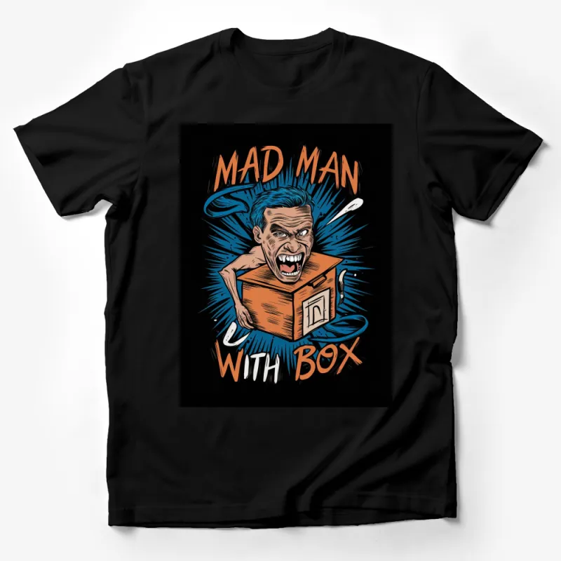 Mad Man With Box T-Shirt, Angry Cartoon Character Design, Unique Graphic Tee, Bold Colors Male T-Shirt