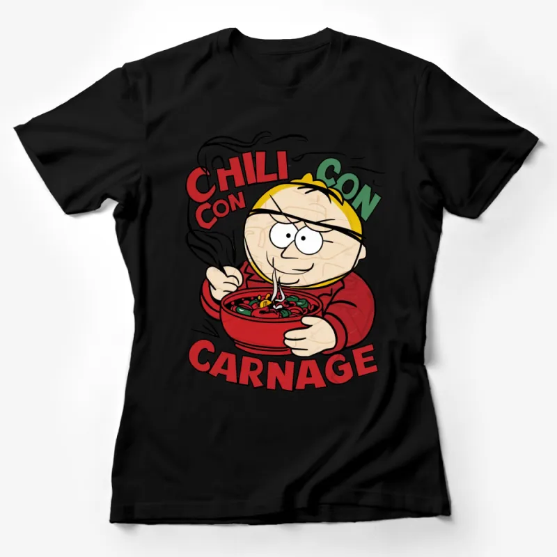 Chili Con Carnage T-Shirt, Funny Cartoon Character Eating Chili, Colorful Unisex Tee, Gift for Food Lovers Female T-Shirt