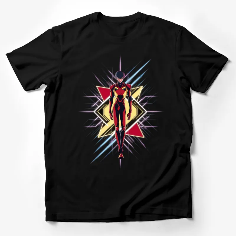 Futuristic Heroine Graphic Tee, Bold Female Superhero T-Shirt, Unique Comic Art Style Shirt Male T-Shirt