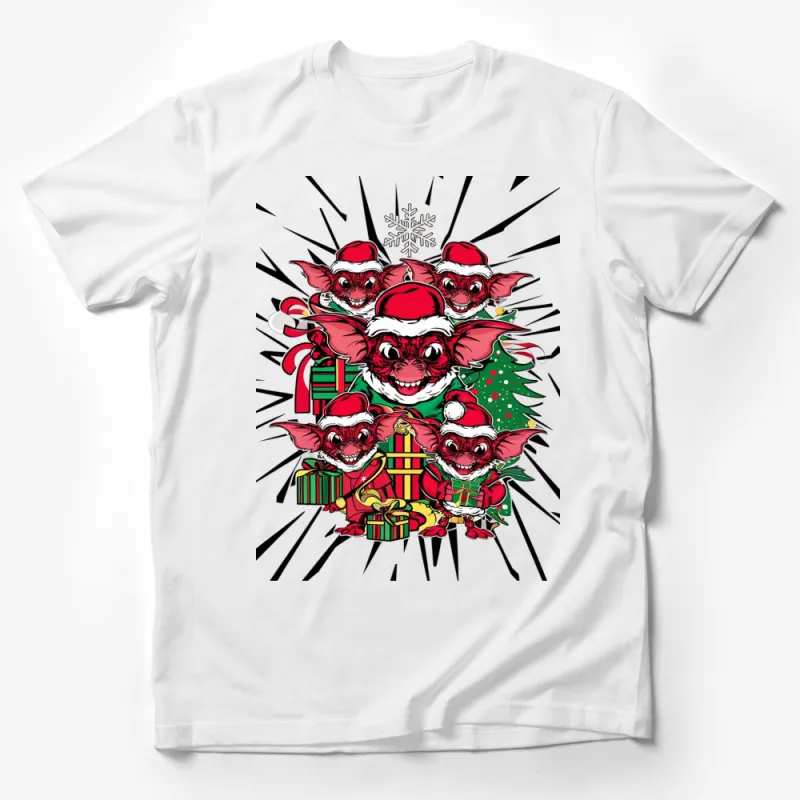 Festive Gremlin T-Shirt, Christmas Monster Graphic Tee, Holiday Gift Idea, Santa Hat Design Male T-Shirt