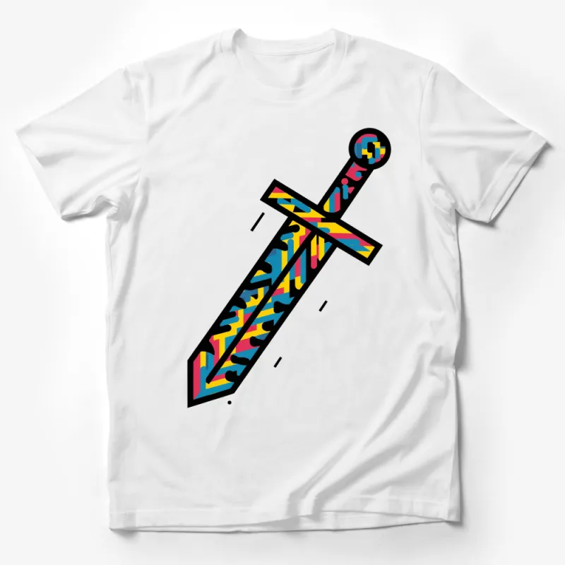 Colorful Stained Glass Style Sword T-Shirt, Vibrant Graphic Tee, Unisex Fashion Top Male T-Shirt