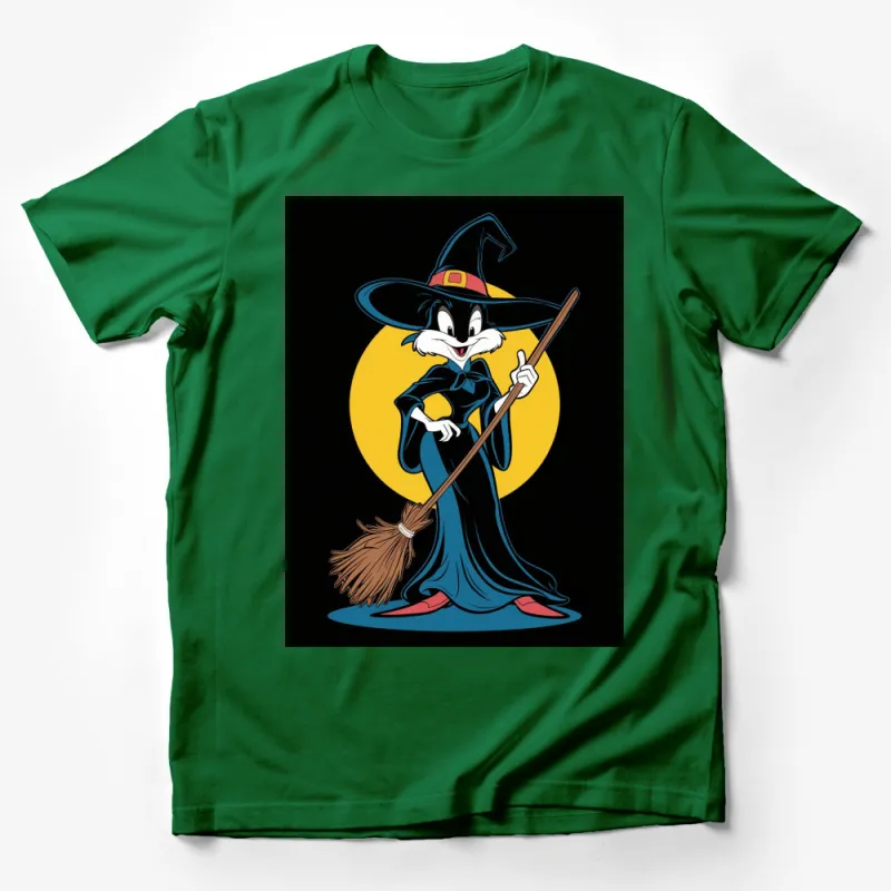 Witchy Cartoon Character T-Shirt, Fun Witch on Broomstick, Magical Moon Night Theme, Unisex Apparel Male T-Shirt