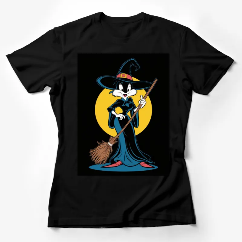 Witchy Cartoon Character T-Shirt, Fun Witch on Broomstick, Magical Moon Night Theme, Unisex Apparel Female T-Shirt