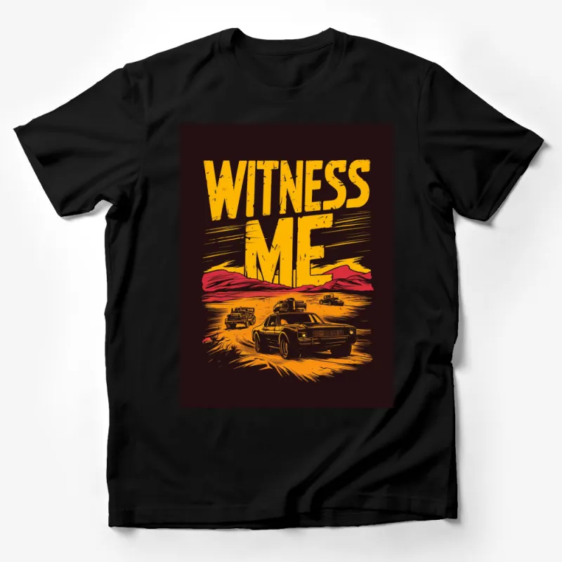 Vintage Car T-Shirt, Witness Me Bold Graphic, Retro Desert Road Scene, Unique Automotive Design Tee Male T-Shirt