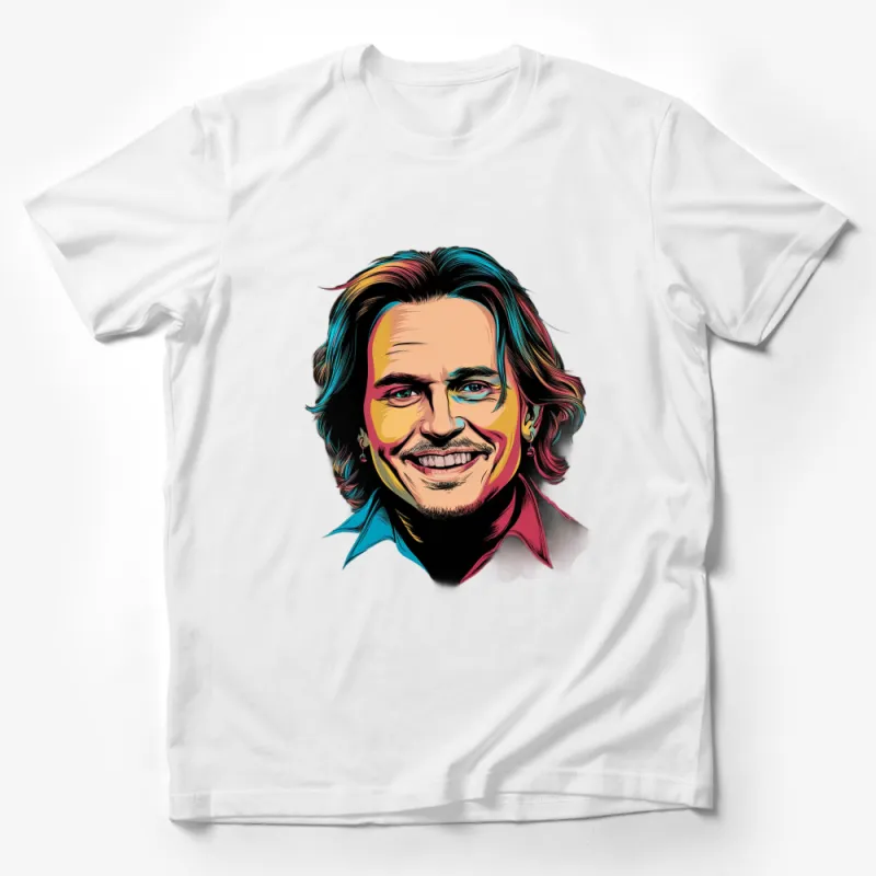 Colorful Pop Art Celebrity Portrait T-Shirt, Vibrant Male Face Graphic Tee, Fashionable Casual Wear, Unique Gift Idea Male T-Shirt