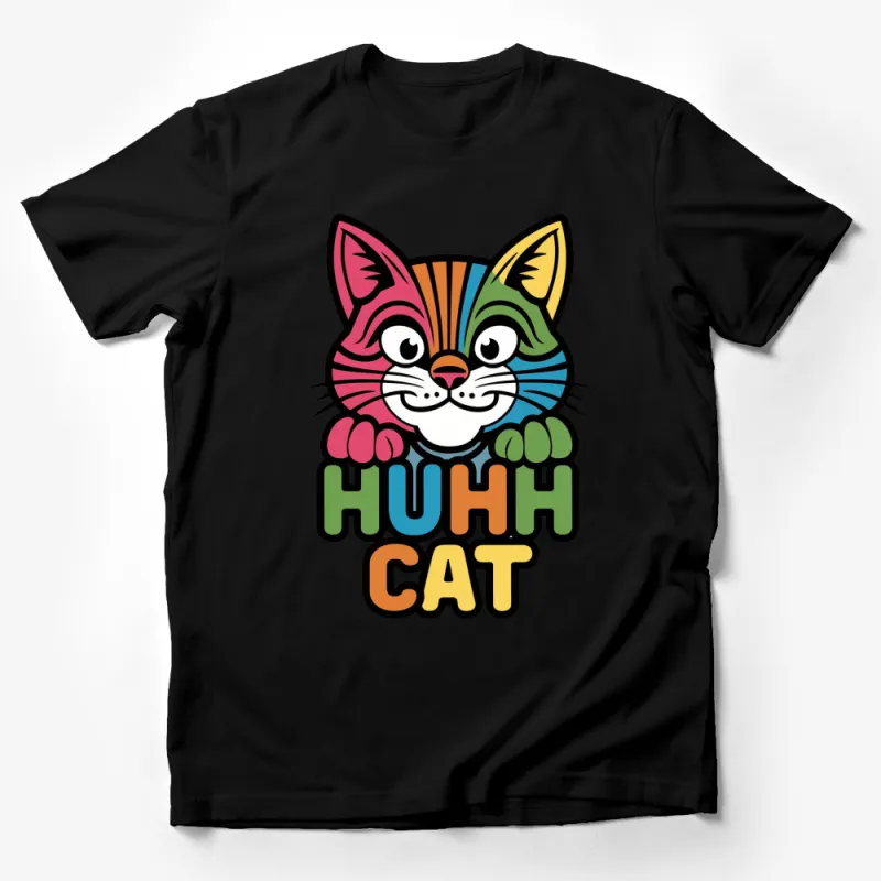 Colorful HUHH CAT T-Shirt, Retro Rainbow Graphic Tee, Animal Lover Gift, Bright Vibrant Pop Art Male T-Shirt