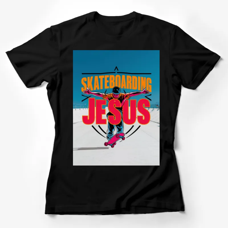 Skateboarding Jesus Graphic T-Shirt, Vibrant Pop Art Style, Urban Streetwear, Unique Christian Clothing Female T-Shirt