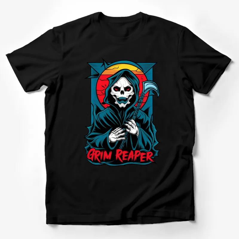 Grim Reaper Skull Design T-Shirt, Scythe and Sunset Graphic Tee, Horror Apparel, Unisex Gothic Clothing Male T-Shirt