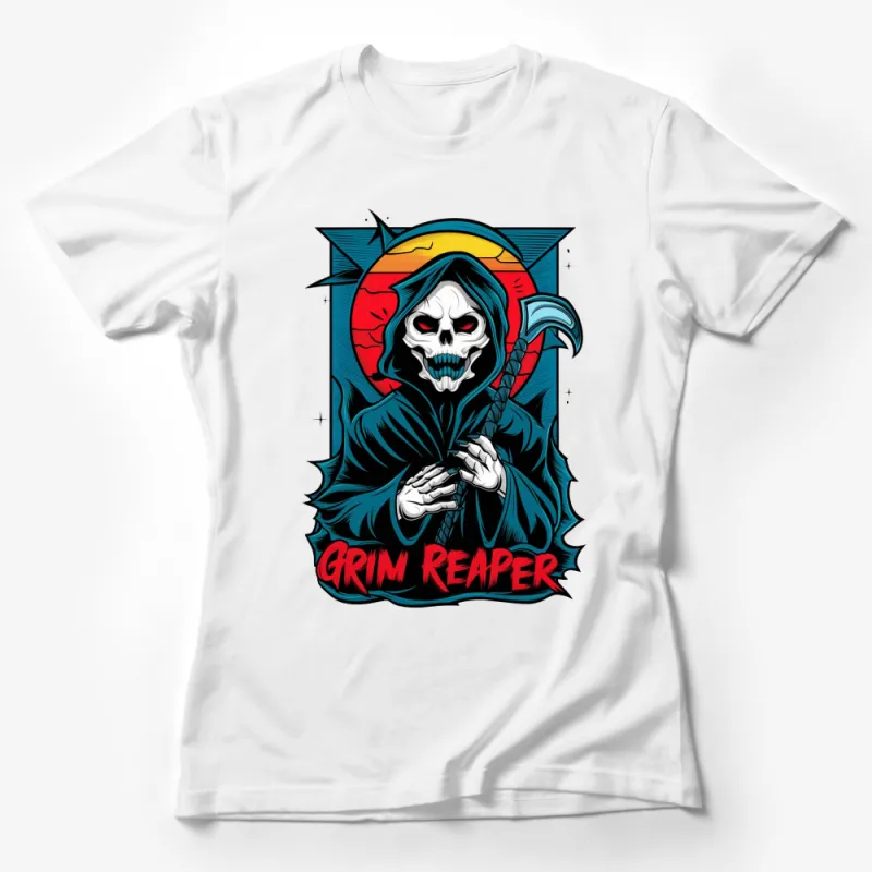 Grim Reaper Skull Design T-Shirt, Scythe and Sunset Graphic Tee, Horror Apparel, Unisex Gothic Clothing Female T-Shirt