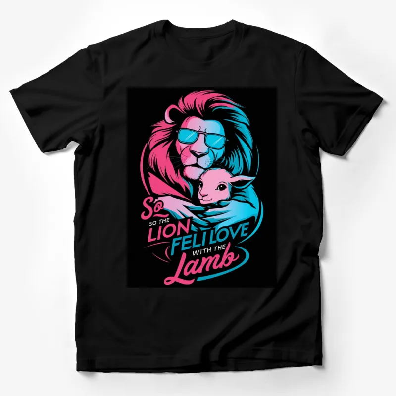 Retro Lion and Lamb Love T-Shirt, Colorful Neon Graphic Tee, Unisex Fashion Top Male T-Shirt