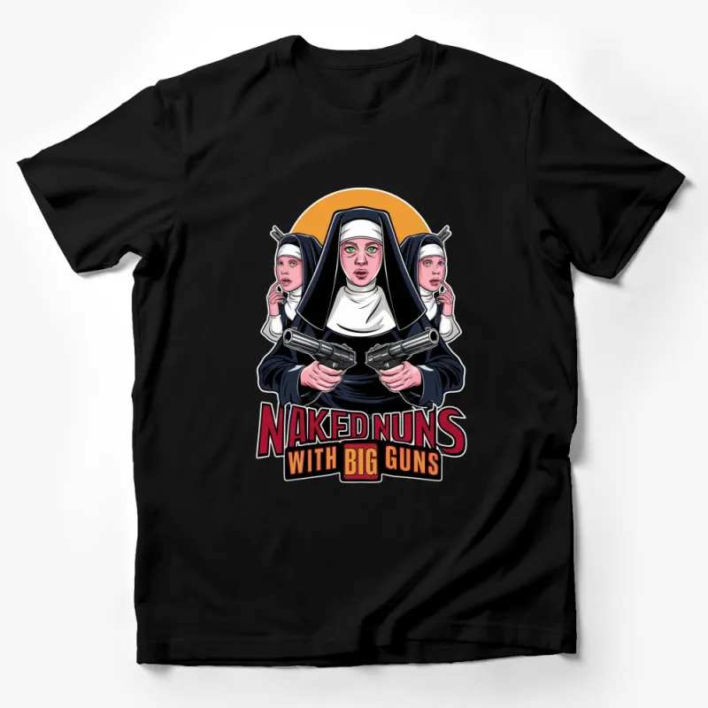 Naked Nuns with Big Guns T-Shirt, Bold Comic Art Style, Unique Graphic Tee, Rebel Nun Design Male T-Shirt