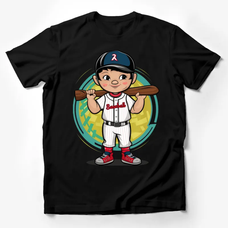 Kids Baseball Player Cartoon Illustration T-Shirt, Cute Sports Themed Graphic Tee for Children Male T-Shirt