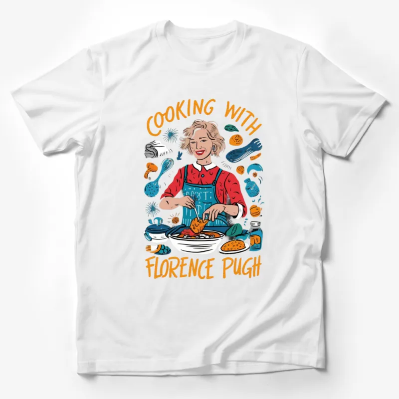 Florence Pugh Cooking Themed T-Shirt, Colorful Illustrated Home Cooking Tee Male T-Shirt