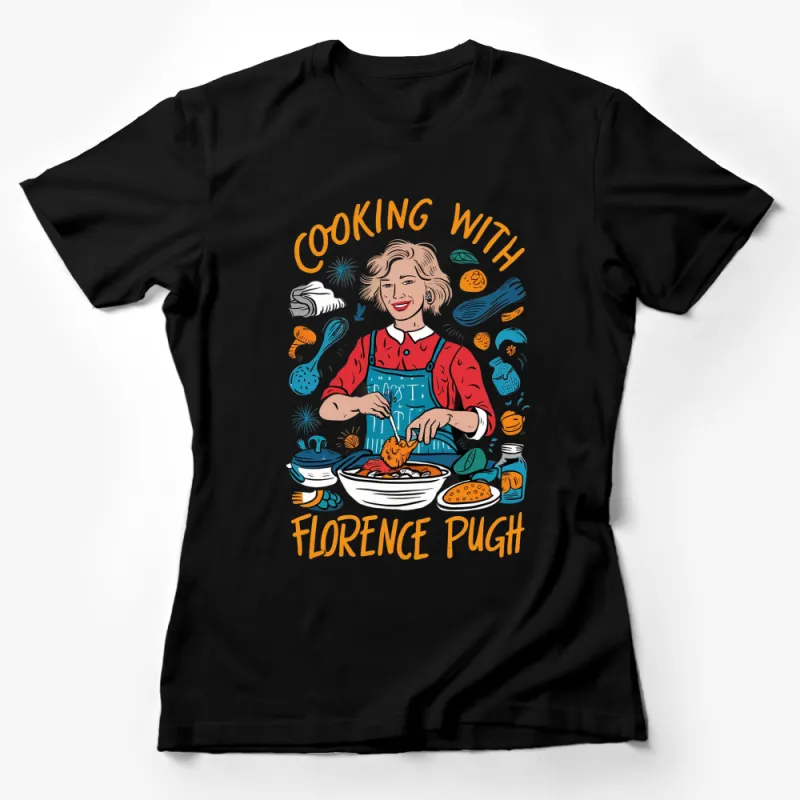 Florence Pugh Cooking Themed T-Shirt, Colorful Illustrated Home Cooking Tee Female T-Shirt