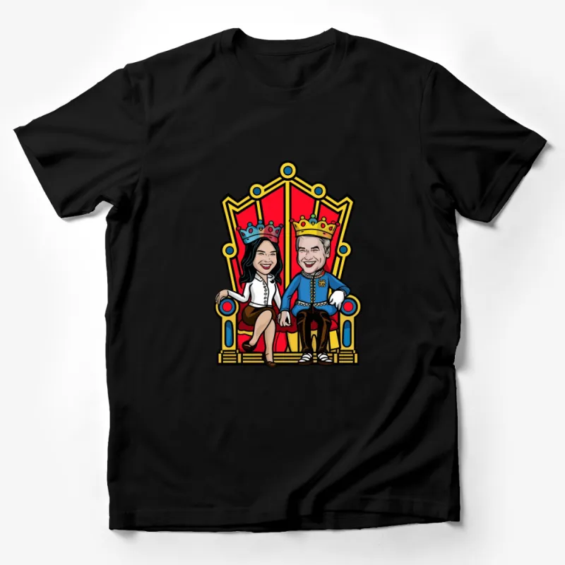 King and Queen Cartoon Couple on Throne Graphic T-Shirt, Red Royal Chair Design, Unisex Tee Male T-Shirt