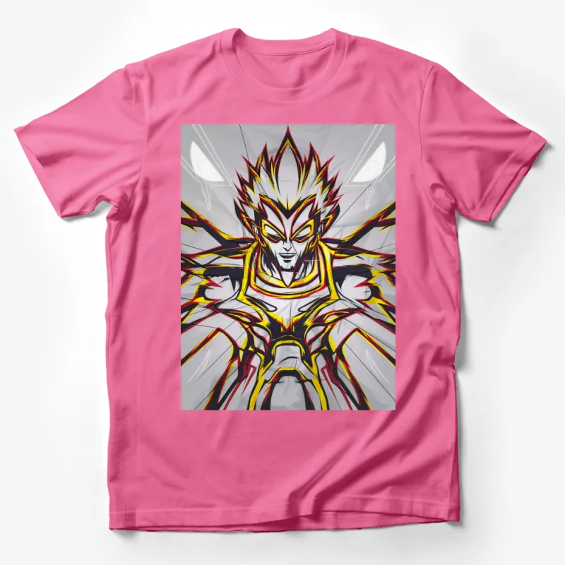 Bold Graphic T-Shirt, Futuristic Warrior Design in Red and Yellow, Unique Hero Tee, Eye-Catching Artwear Male T-Shirt