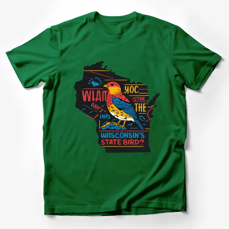 Wisconsin State Bird Graphic T-Shirt, Colorful Robin Bird Art, Fun Local Trivia Tee, Unique Typography Design Male T-Shirt