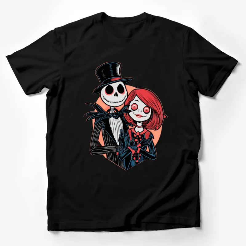 Jack and Sally Nightmare Inspired Graphic T-Shirt, Cartoon Couple Halloween Tee, Unisex Male T-Shirt