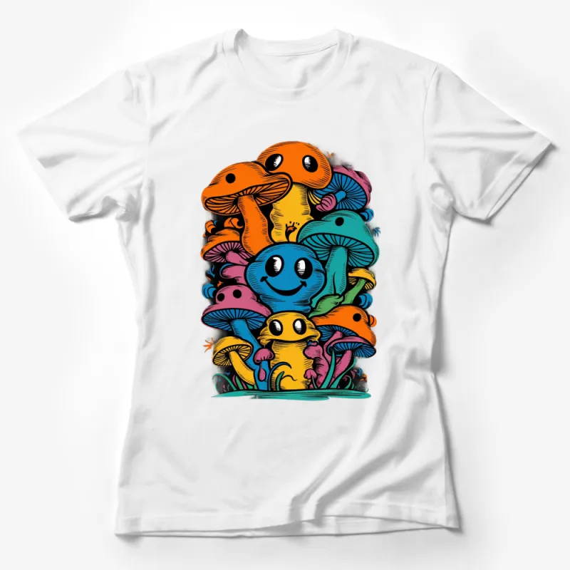 Colorful Cartoon Mushroom Family T-Shirt, Cute Fungi Graphic Tee, Fun Nature Inspired Shirt for All Ages Female T-Shirt