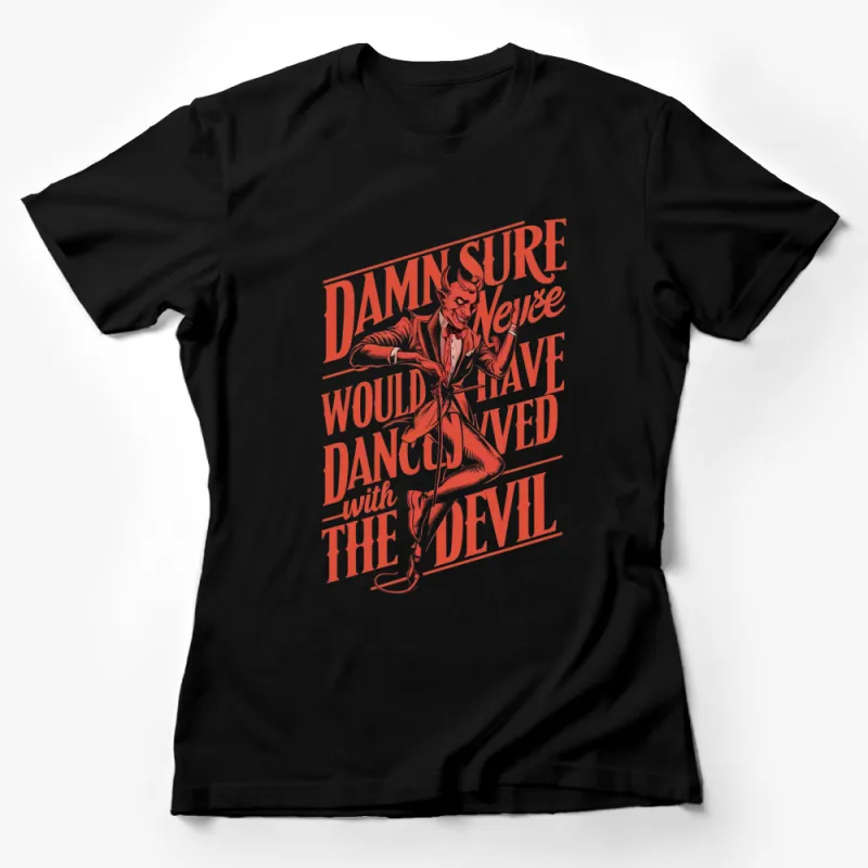 Vintage Devil Dance Graphic T-Shirt, Red and White Retro Style Shirt, Unique Devil Illustration Tee, Bold Typography Shirt for Adults Female T-Shirt