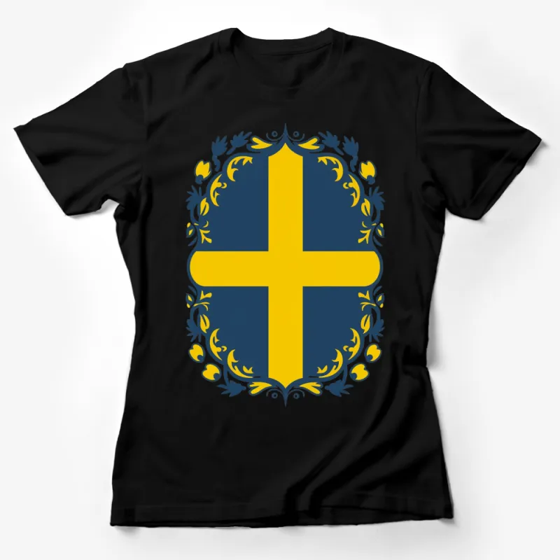 Swedish Cross Floral Emblem T-Shirt, Unique Scandinavian Style Top, Yellow and Blue Design Female T-Shirt