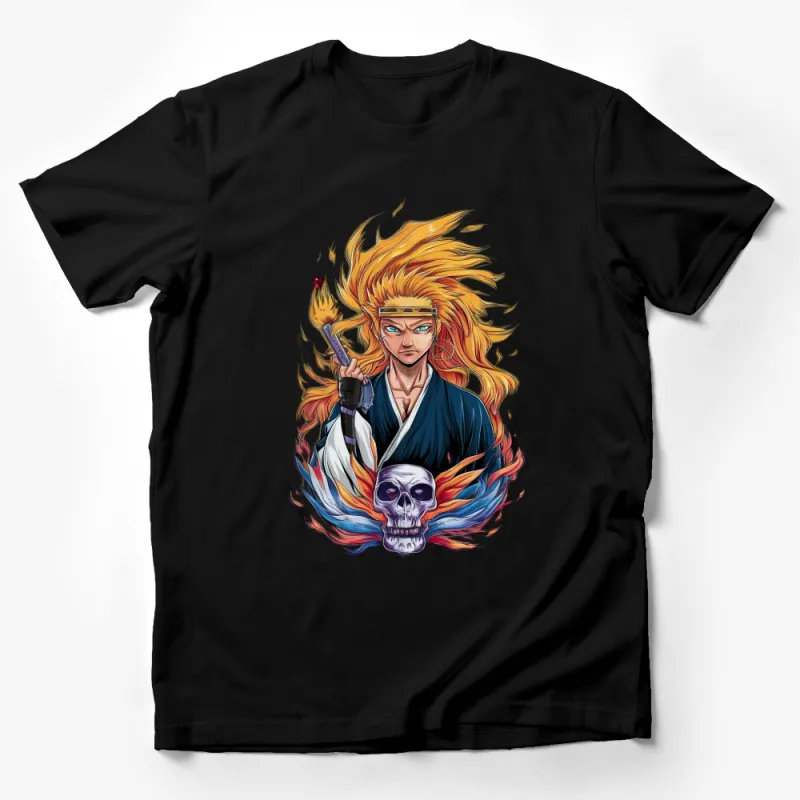 Anime Samurai Warrior T-Shirt, Fiery Hair and Skull, Vibrant Japanese Art Inspired Tee, Unisex Clothing Male T-Shirt