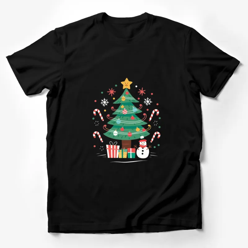 Festive Christmas Tree T-Shirt with Snowman and Gifts, Holiday Apparel Male T-Shirt