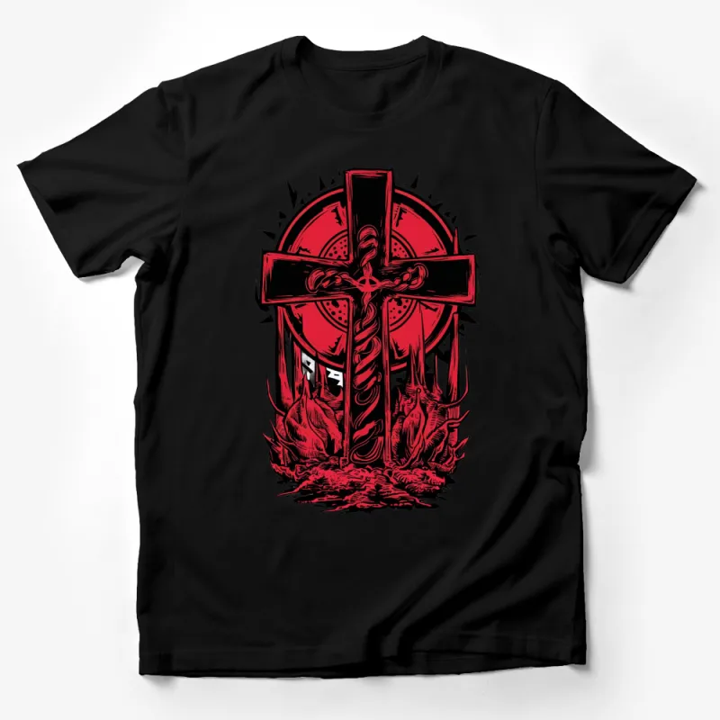 Gothic Cross T-Shirt, Dark Fantasy Art, Bold Red and Black Graphic Tee, Unisex Male T-Shirt