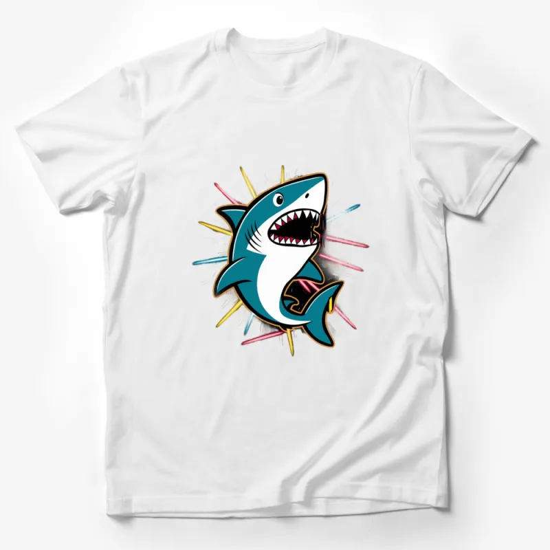 Colorful Shark Graphic T-shirt, Trendy Shark Design Tee, Vibrant Animal Shirt, Unique Ocean Life Top Male T-Shirt