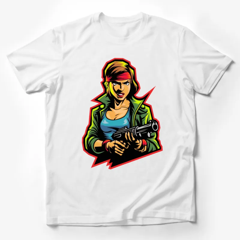 Retro Female Warrior Comic Style Graphic T-Shirt, Bold Colorful Illustration, Fashion Tee Male T-Shirt