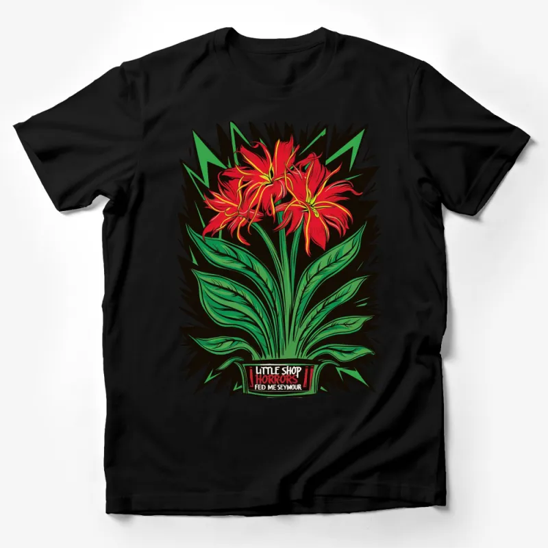 Little Shop of Horrors T-Shirt, Vibrant Red Flower Graphic Tee, Unique Movie Fan Apparel Male T-Shirt