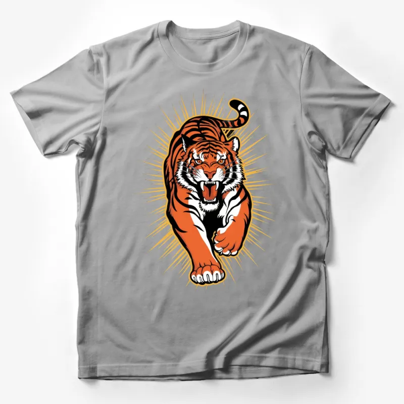 Men's Graphic Tee, Roaring Tiger Design, Bold Orange and Black T-Shirt, Unique Animal Print Shirt Male T-Shirt