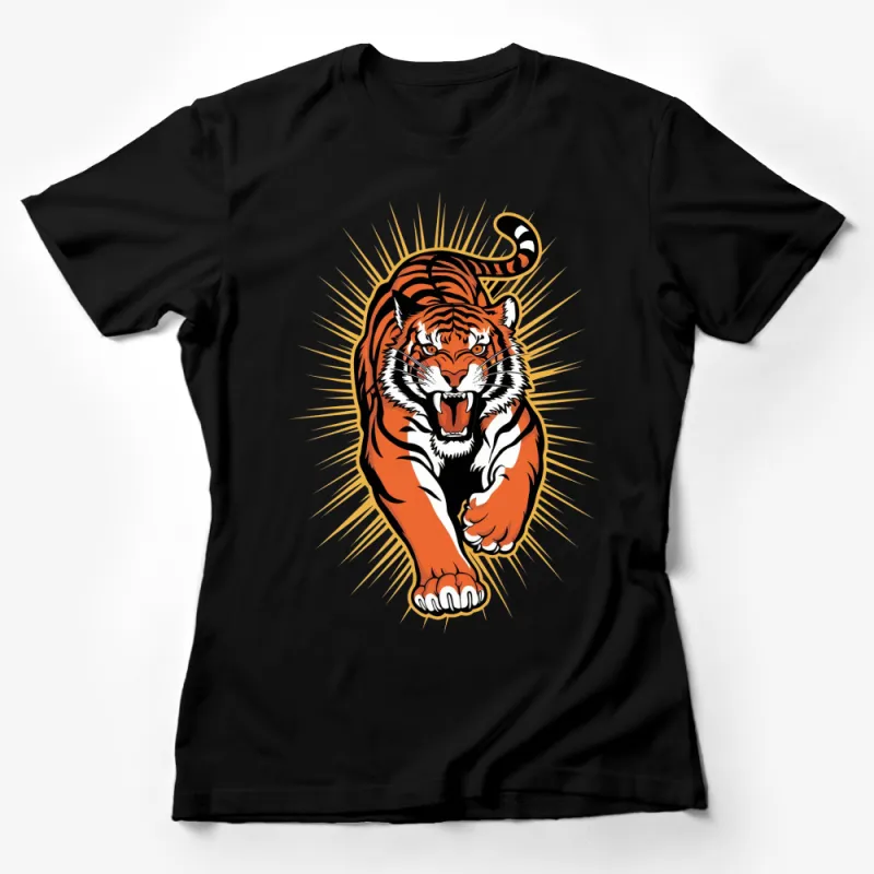 Men's Graphic Tee, Roaring Tiger Design, Bold Orange and Black T-Shirt, Unique Animal Print Shirt Female T-Shirt