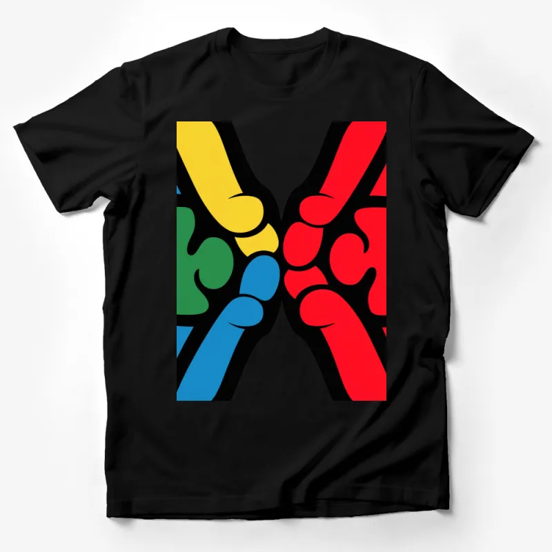 Colorful Abstract Hands Unity Symbol Graphic T-Shirt, Artistic Modern Design Tee, Casual Wear Male T-Shirt