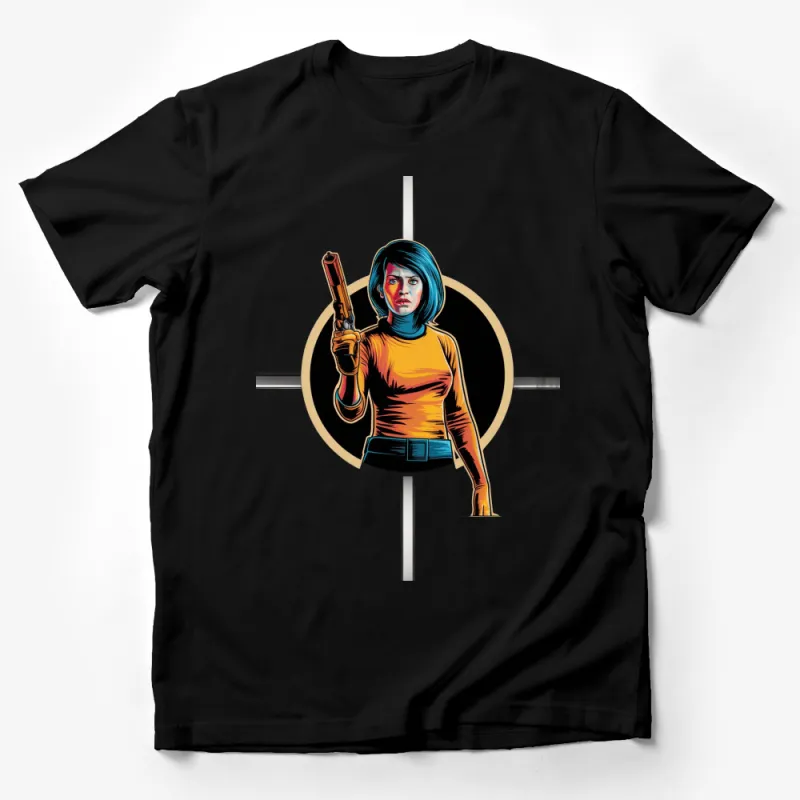 Retro Sci-Fi Girl with Gun T-Shirt, Vintage Comic Art Tee, Colorful Graphic Shirt, Unique Pop Culture Apparel Male T-Shirt