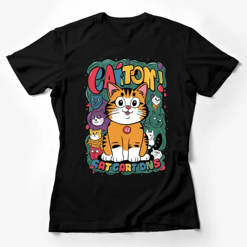 Colorful Custom Cartoons Cat T-Shirt, Fun Feline Graphic Tee, Unique Cat Lover Gift, Unisex Adult Sizes Female T-Shirt