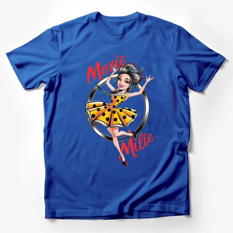 Moxie Millie Retro Pin-Up Girl T-Shirt, Vintage Style Graphic Tee, Yellow Polka Dot Dress Male T-Shirt