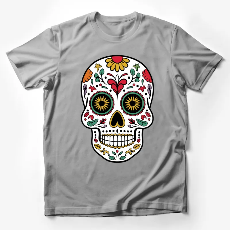 Colorful Sugar Skull T-Shirt, Floral Mexican Day of the Dead Tee, Unisex Adult Clothing Male T-Shirt