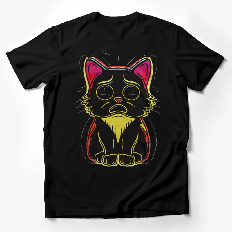 Black Cartoon Cat T-Shirt, Colorful Neon Graphic Tee, Cute Kitten Apparel, Unisex Cat Lover Gift Male T-Shirt