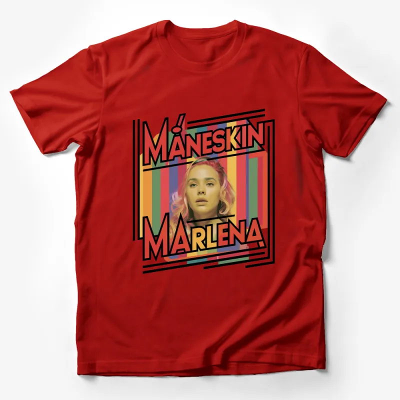 M?neskin Marlena Colorful Striped Band T-Shirt, Retro Pop Art Style Tee, Unique Music Fan Gift Male T-Shirt