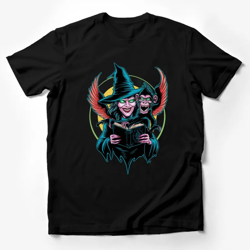 Witch and Flying Monkey Graphic T-Shirt, Colorful Witchcraft Fantasy Tee, Unique Halloween Costume Apparel Male T-Shirt